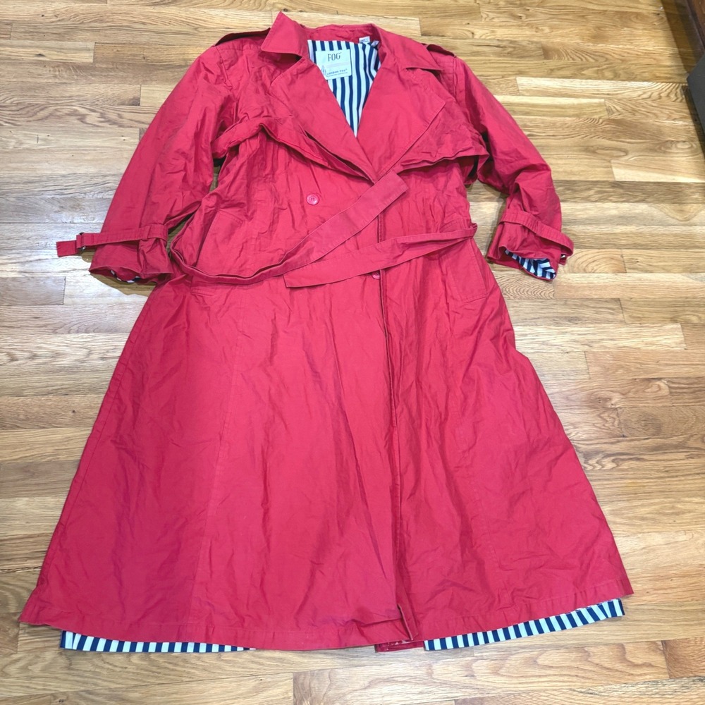 London Fog Red Double Breasted Belted Trench Coat Striped Lining Womens 16 Reg